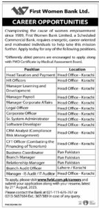 First Women Bank Limited FWBL Jobs 2023
