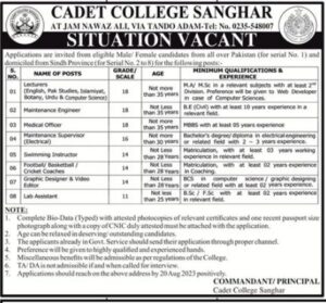 Positions Vacant At Cadet College Sanghar
