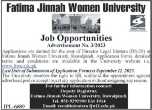 Jobs At Fatima Jinnah Women University 2023
